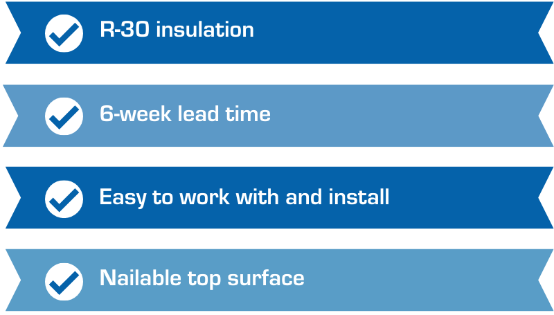 R-30 insulation, 6-week lead time, easy to work with and install, nailable top surface.